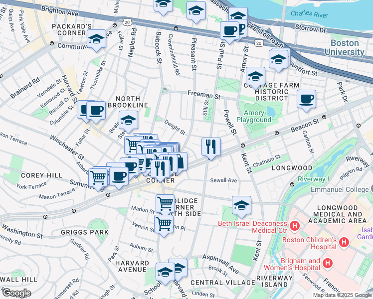 map of restaurants, bars, coffee shops, grocery stores, and more near 31 Pleasant Street in Brookline