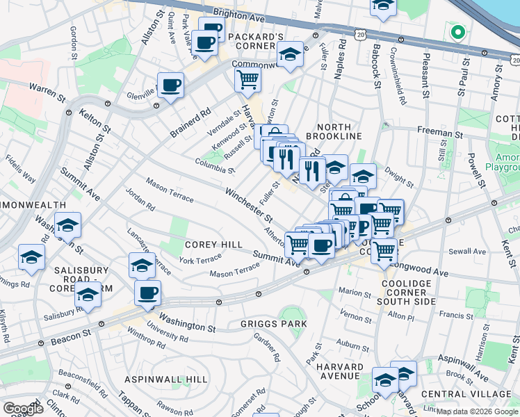 map of restaurants, bars, coffee shops, grocery stores, and more near 104 Winchester Street in Brookline
