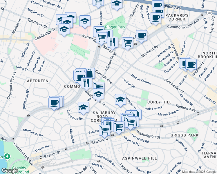 map of restaurants, bars, coffee shops, grocery stores, and more near 195 Corey Road in Boston