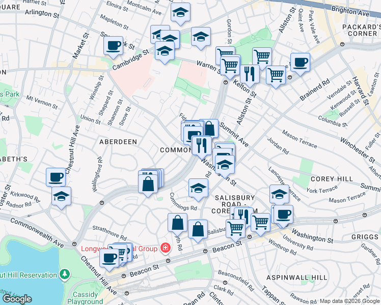 map of restaurants, bars, coffee shops, grocery stores, and more near 1619 Commonwealth Avenue in Boston