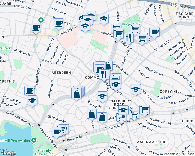 map of restaurants, bars, coffee shops, grocery stores, and more near 1619 Commonwealth Avenue in Boston