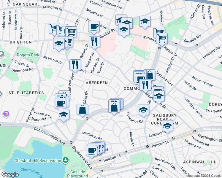 map of restaurants, bars, coffee shops, grocery stores, and more near 107 Nottinghill Road in Boston