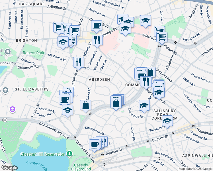 map of restaurants, bars, coffee shops, grocery stores, and more near 107 Nottinghill Road in Boston
