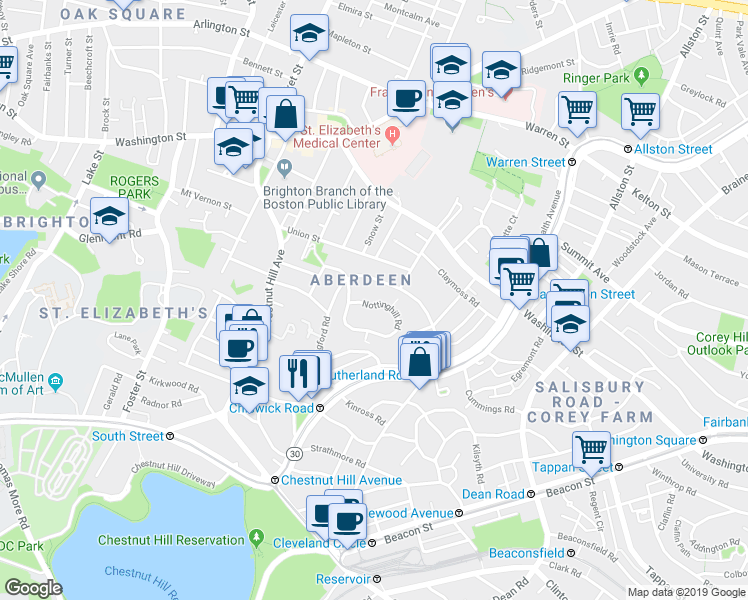 map of restaurants, bars, coffee shops, grocery stores, and more near 100 Nottinghill Road in Boston