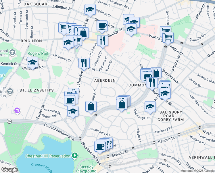 map of restaurants, bars, coffee shops, grocery stores, and more near 100 Nottinghill Road in Boston