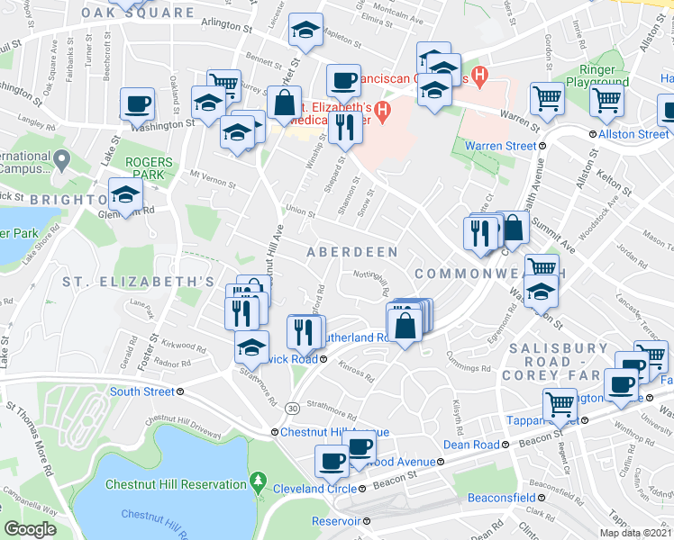 map of restaurants, bars, coffee shops, grocery stores, and more near 100 Nottinghill Road in Boston