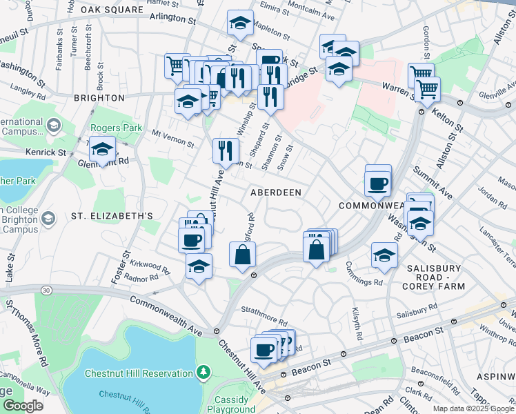 map of restaurants, bars, coffee shops, grocery stores, and more near 57 Wallingford Road in Boston