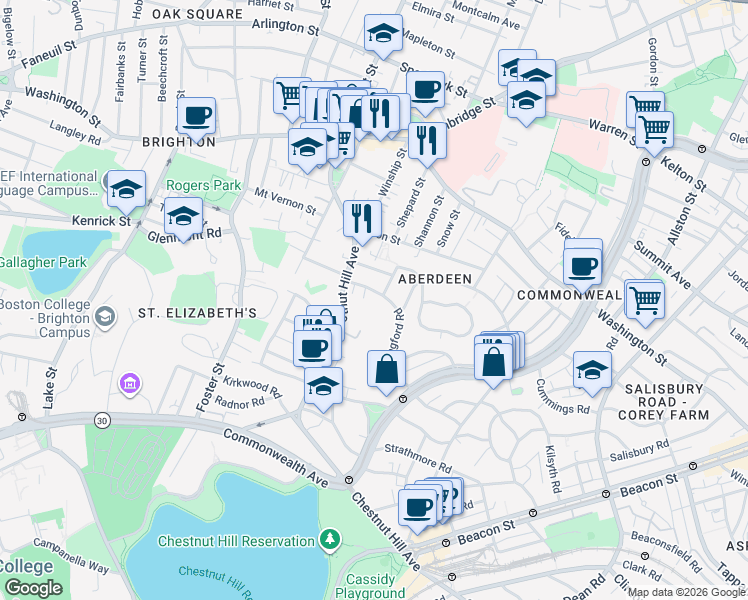 map of restaurants, bars, coffee shops, grocery stores, and more near 8 Ledgemere Road in Boston