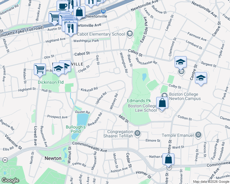 map of restaurants, bars, coffee shops, grocery stores, and more near 21 Whitney Road in Newton