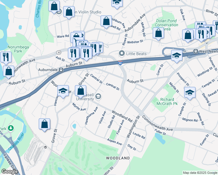 map of restaurants, bars, coffee shops, grocery stores, and more near 19 Berkeley Place in Newton