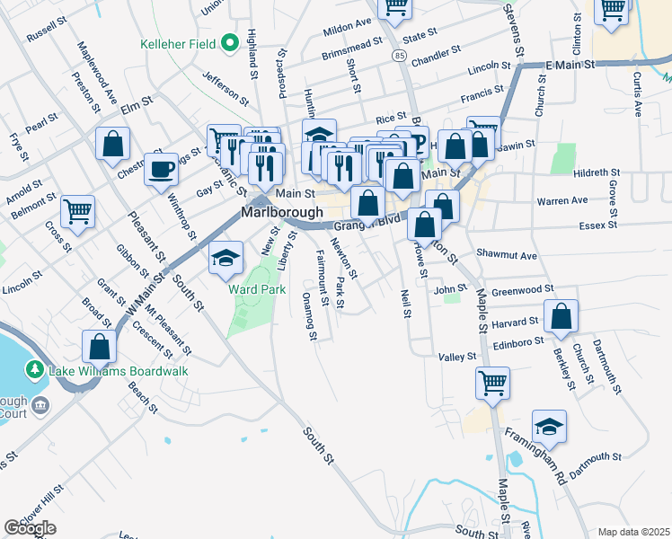 map of restaurants, bars, coffee shops, grocery stores, and more near 76 Fairmount Street in Marlborough