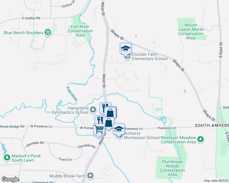 map of restaurants, bars, coffee shops, grocery stores, and more near 23 S Mt Holyoke Dr in Amherst