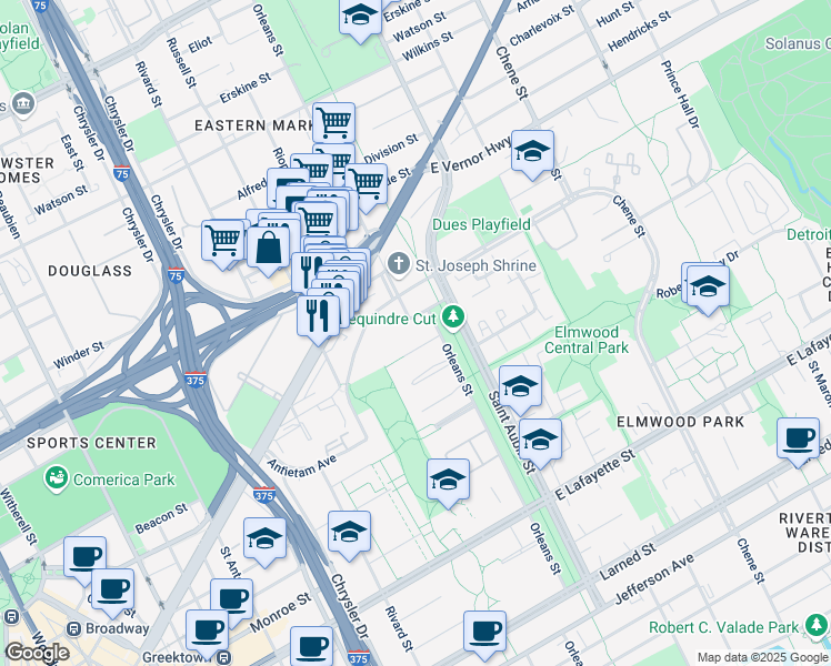 map of restaurants, bars, coffee shops, grocery stores, and more near 1909 Orleans Street in Detroit