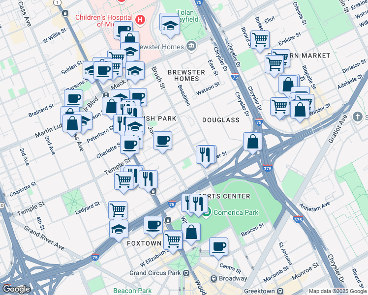 map of restaurants, bars, coffee shops, grocery stores, and more near 257 Adelaide Street in Detroit