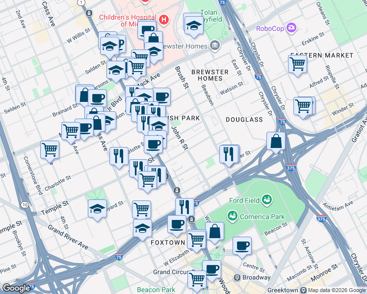 map of restaurants, bars, coffee shops, grocery stores, and more near 79 Alfred Street in Detroit