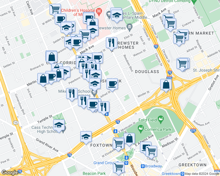 map of restaurants, bars, coffee shops, grocery stores, and more near 79 Alfred Street in Detroit