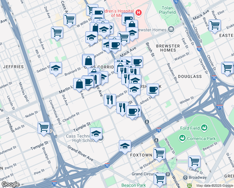 map of restaurants, bars, coffee shops, grocery stores, and more near 3101 Park Avenue in Detroit