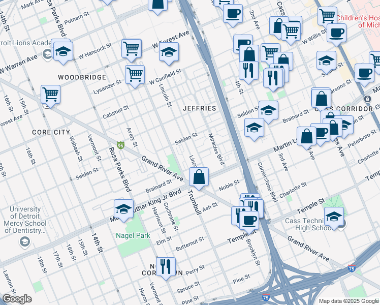 map of restaurants, bars, coffee shops, grocery stores, and more near 3643 Lincoln Street in Detroit