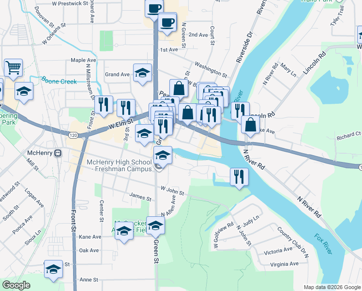 map of restaurants, bars, coffee shops, grocery stores, and more near 3319 Venice Avenue in McHenry