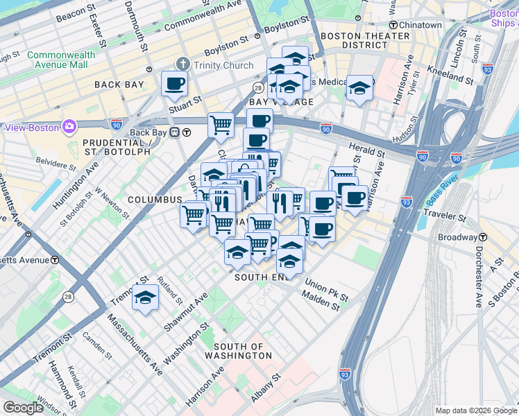 map of restaurants, bars, coffee shops, grocery stores, and more near in Boston