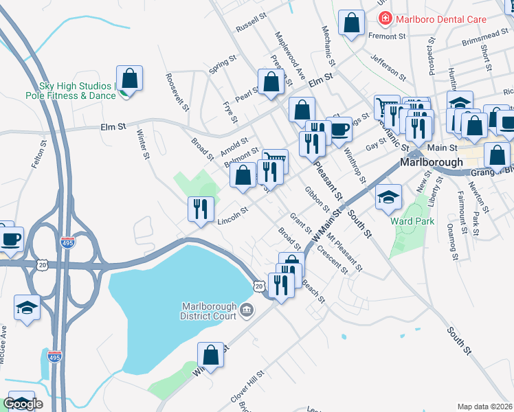 map of restaurants, bars, coffee shops, grocery stores, and more near 63 Broad Street in Marlborough