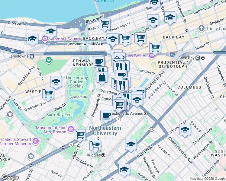 map of restaurants, bars, coffee shops, grocery stores, and more near 29 Symphony Road in Boston