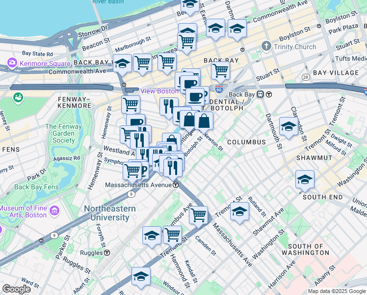 map of restaurants, bars, coffee shops, grocery stores, and more near 200-220 Huntington Avenue in Boston