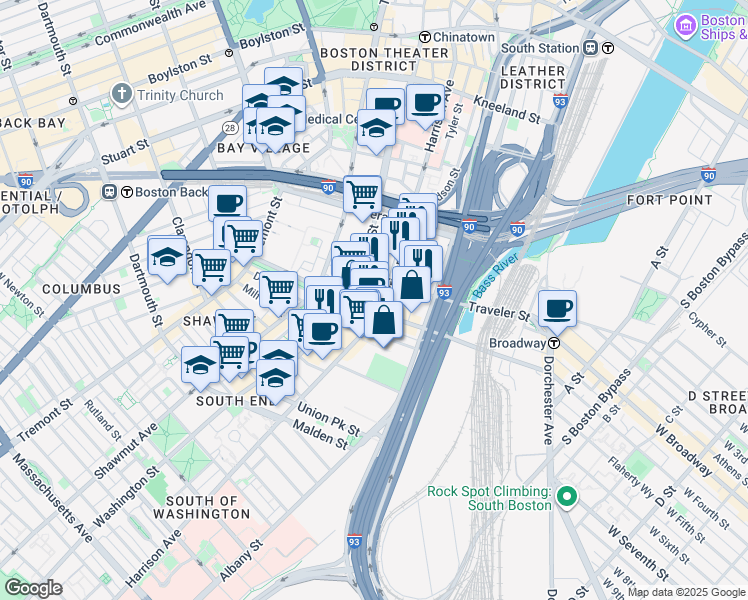 map of restaurants, bars, coffee shops, grocery stores, and more near 160 East Berkeley Street in Boston