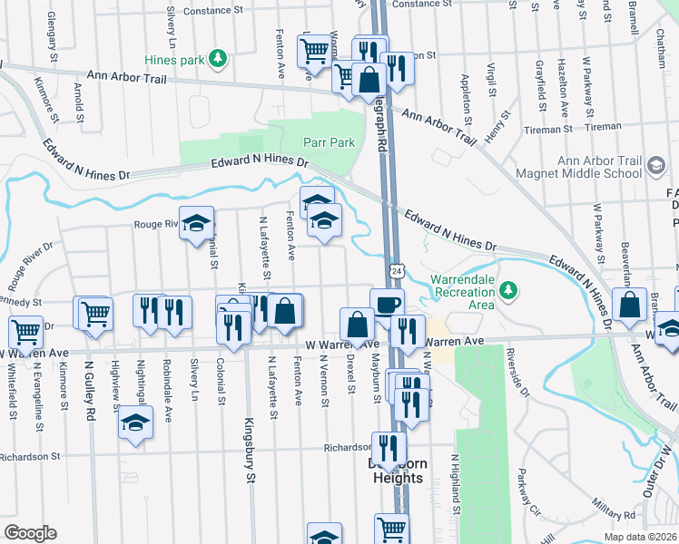 map of restaurants, bars, coffee shops, grocery stores, and more near 7402 Drexel Street in Dearborn Heights