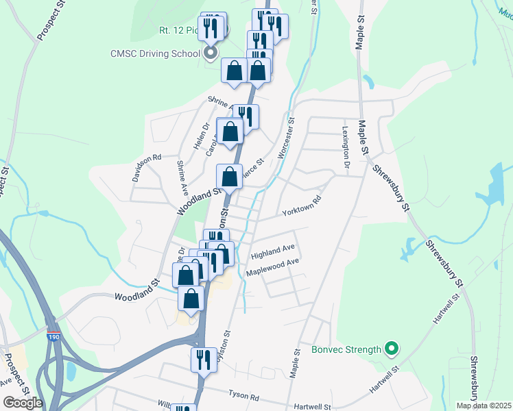 map of restaurants, bars, coffee shops, grocery stores, and more near 392 Worcester Street in West Boylston
