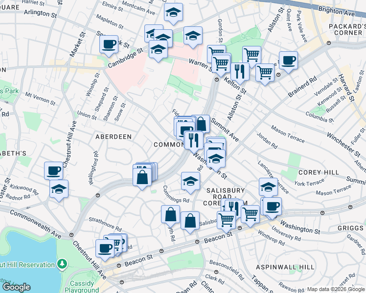 map of restaurants, bars, coffee shops, grocery stores, and more near 1619 Commonwealth Avenue in Boston
