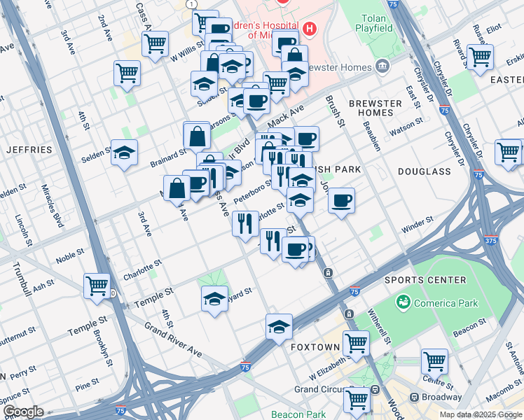 map of restaurants, bars, coffee shops, grocery stores, and more near 3101 Park Avenue in Detroit
