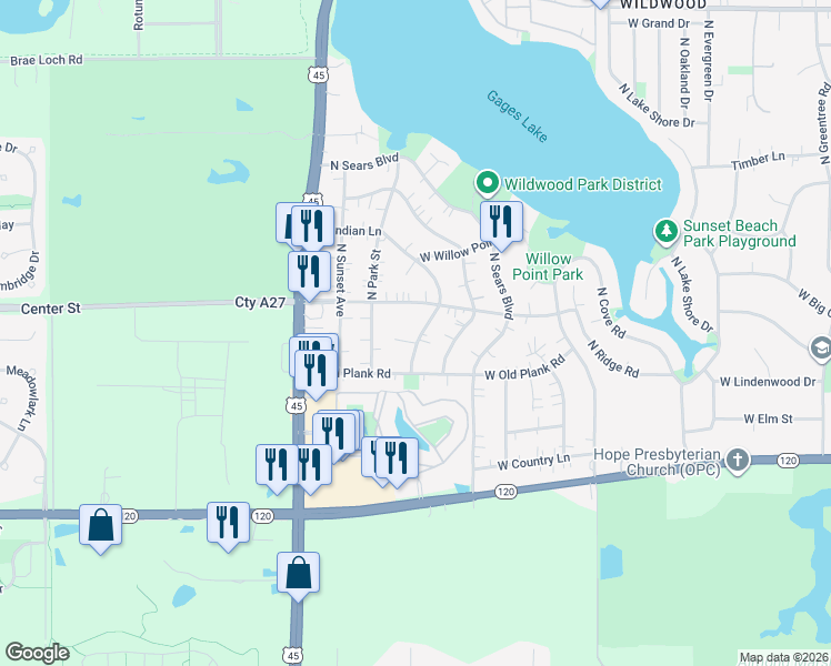 map of restaurants, bars, coffee shops, grocery stores, and more near 33070 North Indian Lane in Grayslake