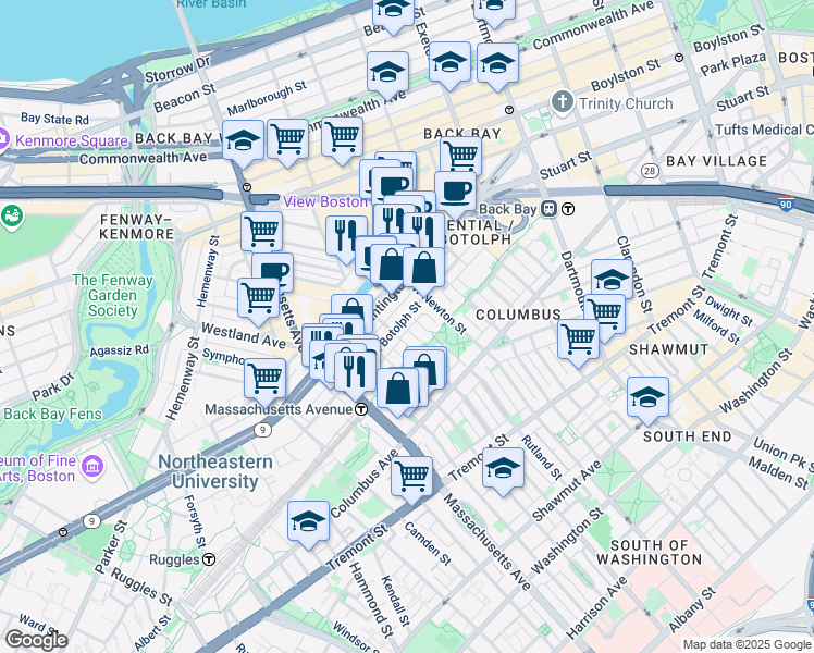 map of restaurants, bars, coffee shops, grocery stores, and more near in Boston