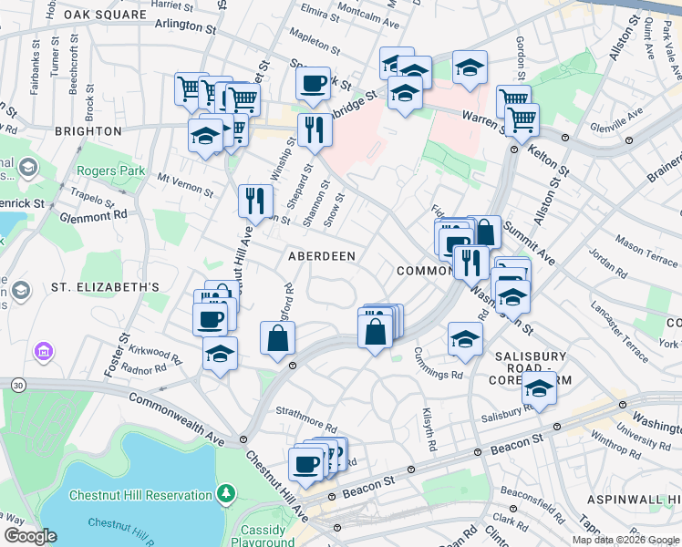 map of restaurants, bars, coffee shops, grocery stores, and more near 107 Nottinghill Road in Boston