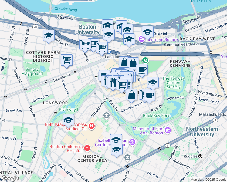 map of restaurants, bars, coffee shops, grocery stores, and more near 1395 Boylston Street in Boston