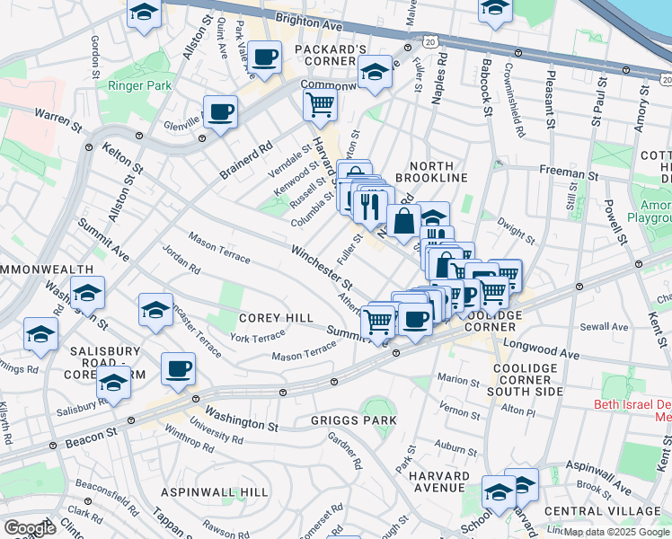 map of restaurants, bars, coffee shops, grocery stores, and more near 104 Winchester Street in Brookline