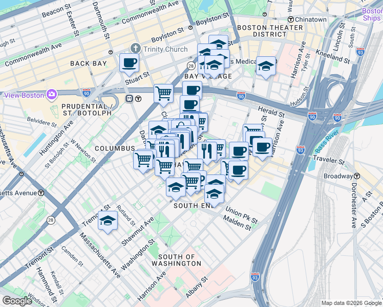map of restaurants, bars, coffee shops, grocery stores, and more near in Boston