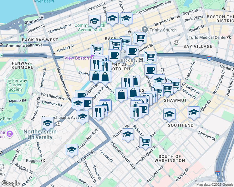 map of restaurants, bars, coffee shops, grocery stores, and more near 195 West Newton Street in Boston