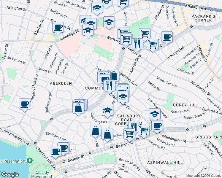 map of restaurants, bars, coffee shops, grocery stores, and more near 1568 Commonwealth Avenue in Boston