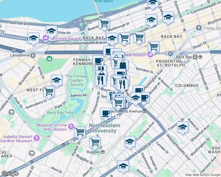 map of restaurants, bars, coffee shops, grocery stores, and more near 29 Symphony Road in Boston