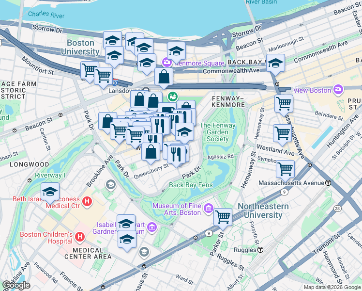 map of restaurants, bars, coffee shops, grocery stores, and more near 119 Jersey Street in Boston
