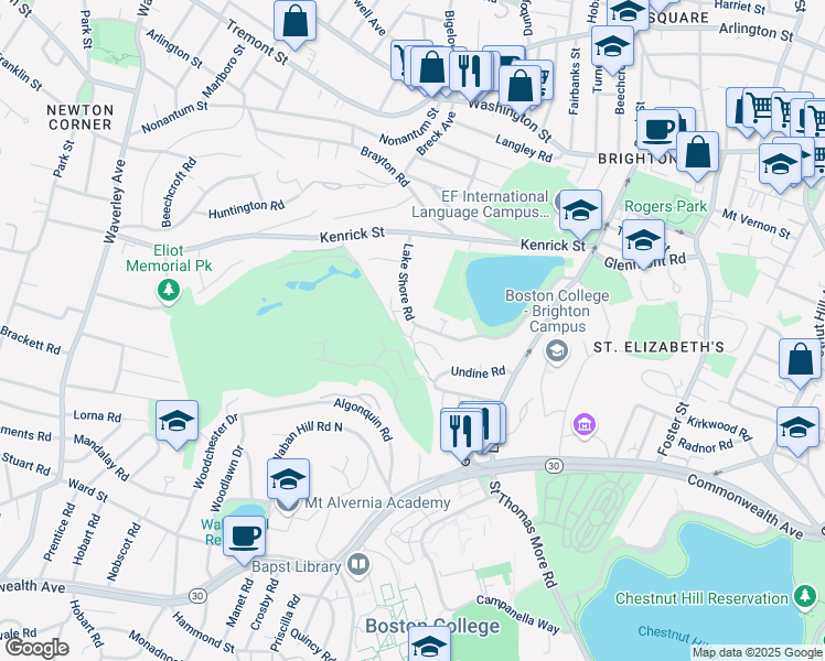 map of restaurants, bars, coffee shops, grocery stores, and more near 49 Lake Shore Terrace in Boston