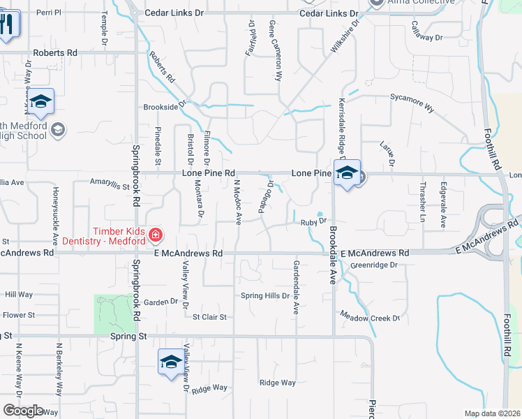 map of restaurants, bars, coffee shops, grocery stores, and more near 1524 Papago Drive in Medford