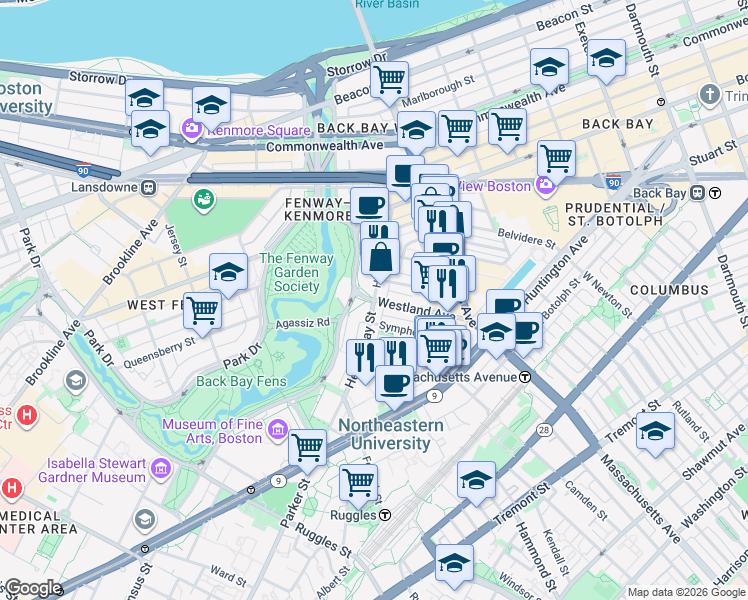 map of restaurants, bars, coffee shops, grocery stores, and more near Westland Avenue & Hemenway Street in Boston