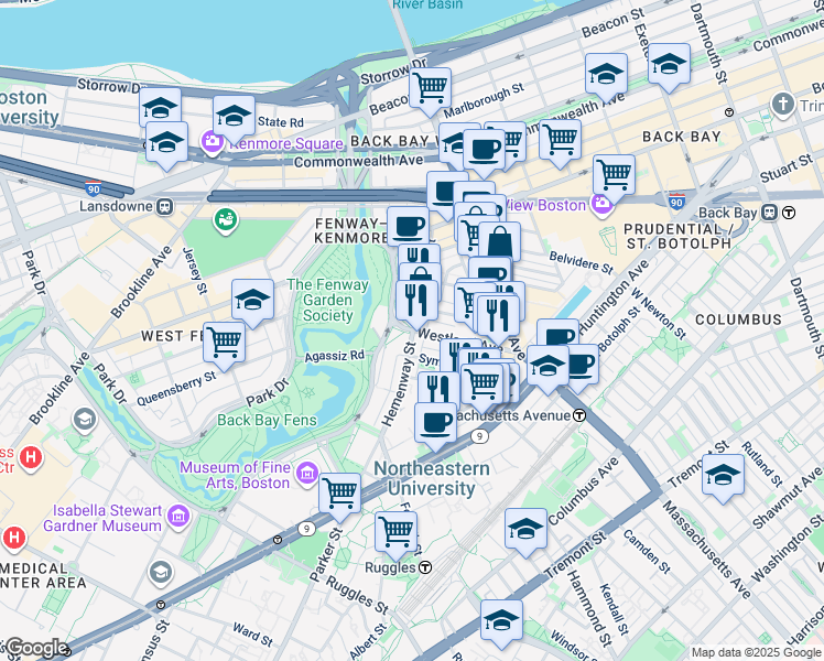map of restaurants, bars, coffee shops, grocery stores, and more near in Boston