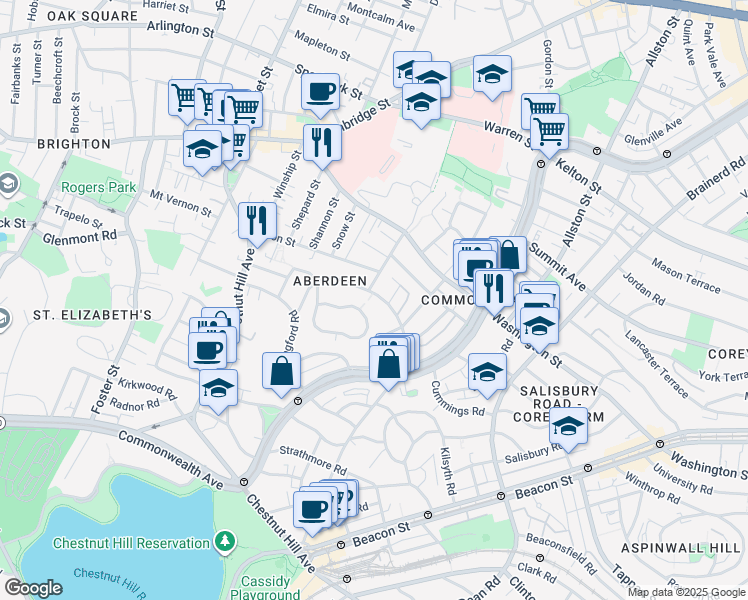 map of restaurants, bars, coffee shops, grocery stores, and more near 107 Nottinghill Road in Boston