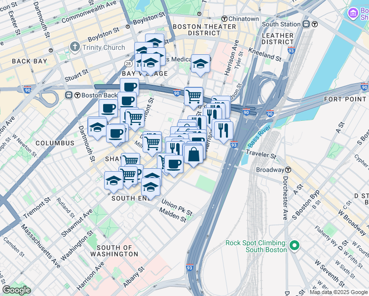 map of restaurants, bars, coffee shops, grocery stores, and more near East Berkeley Street in Boston