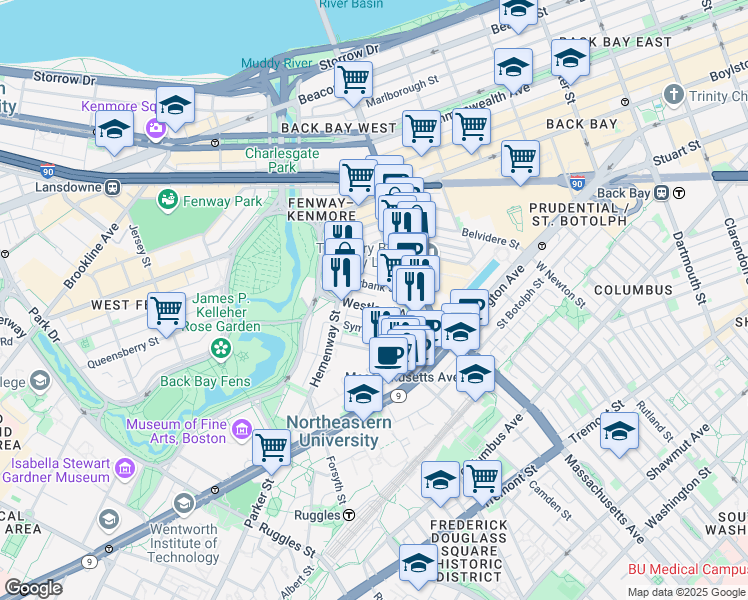 map of restaurants, bars, coffee shops, grocery stores, and more near 29 Symphony Road in Boston