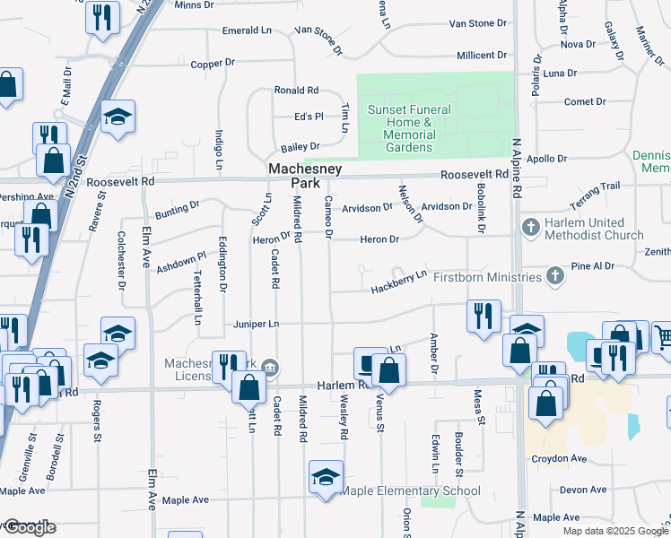 map of restaurants, bars, coffee shops, grocery stores, and more near 8309 Cameo Drive in Machesney Park